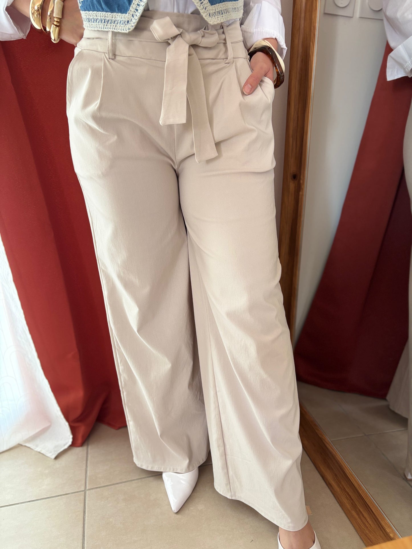 Pantalon Fluide Taille Haute à Ceinture - Beige / PFB01
