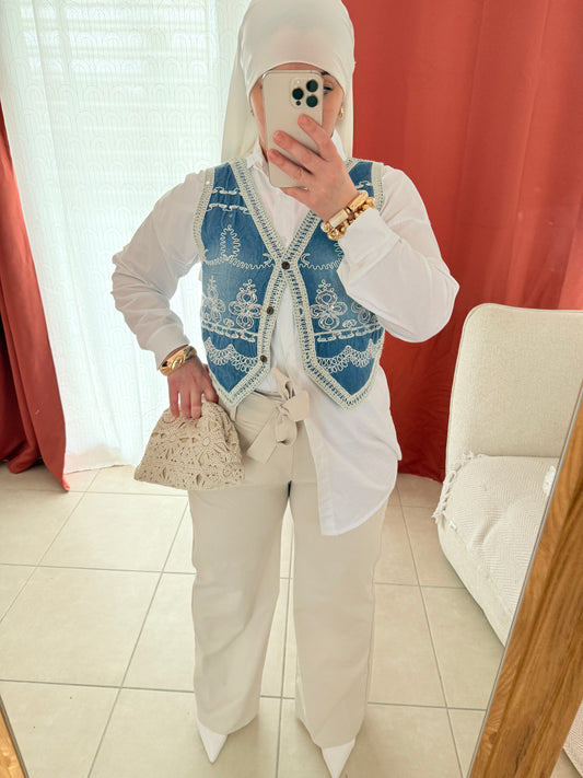 Gilet Sans Manches Brodé Style Vintage - Bleu / GSB01