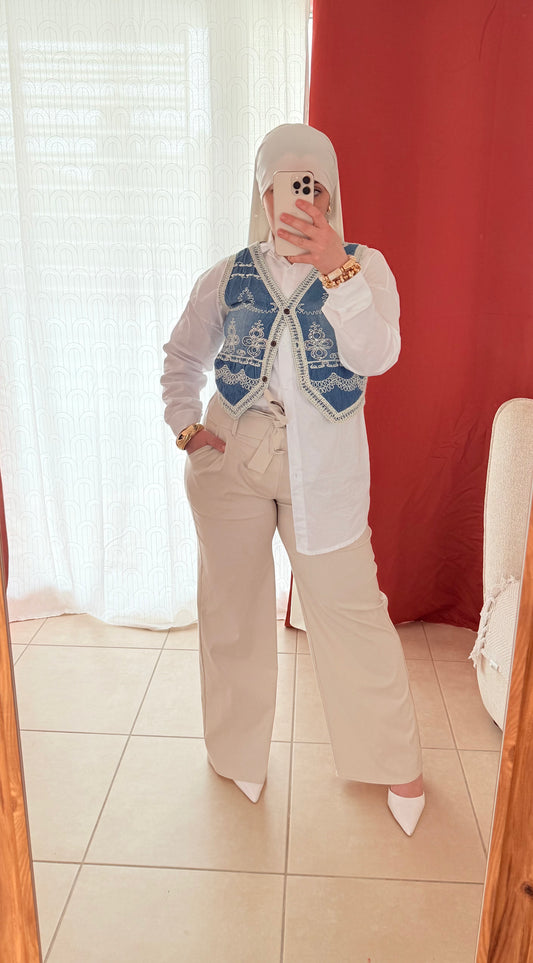 Pantalon Fluide Taille Haute à Ceinture - Beige / PFB01