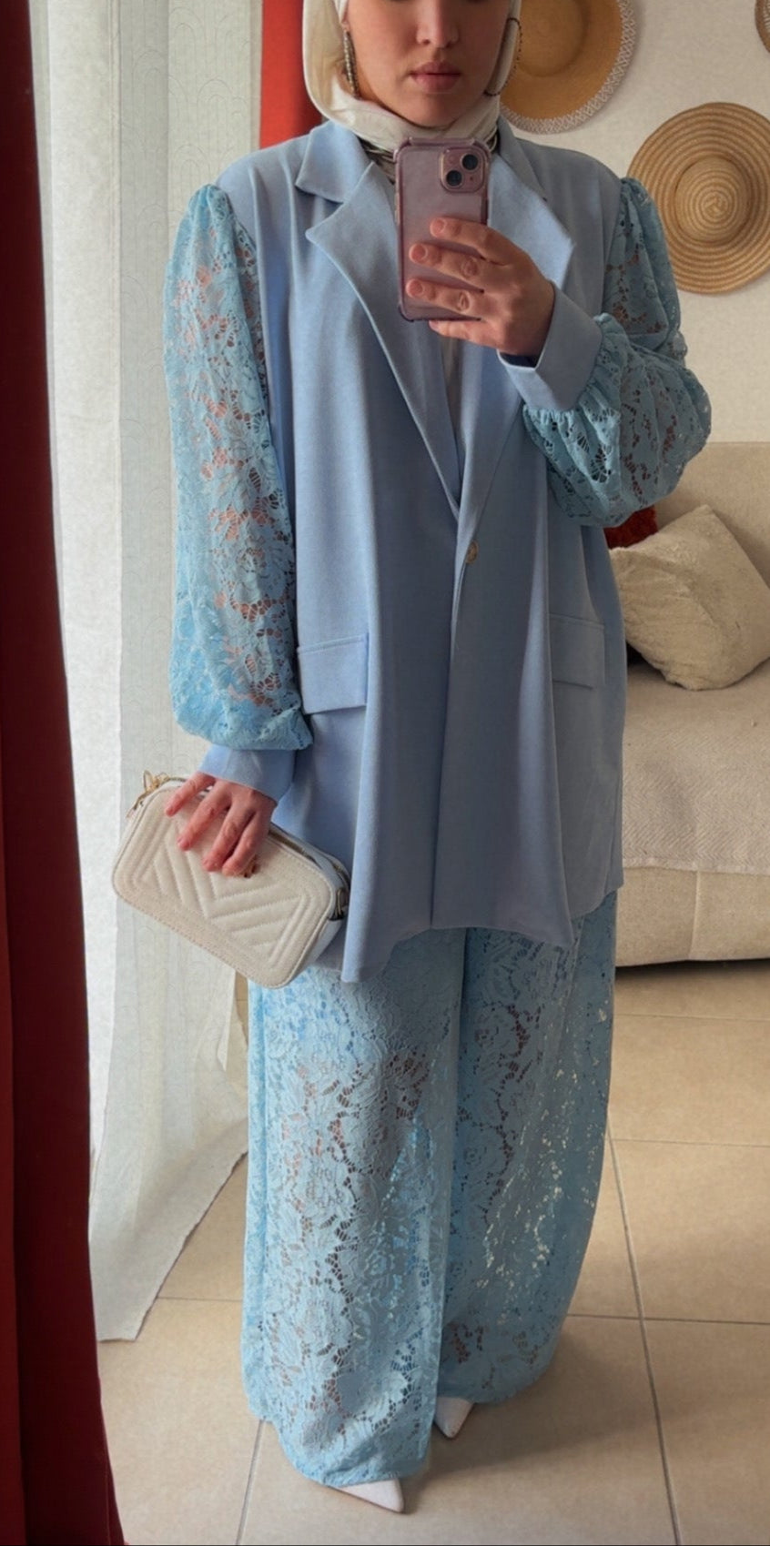 Pantalon Large en Dentelle Doublée - Bleu Ciel / PLD01