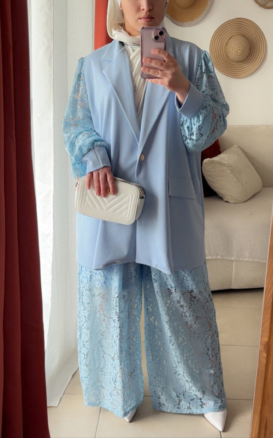 Veste Élégante à Manches Dentelle - Bleu Ciel / VLD01