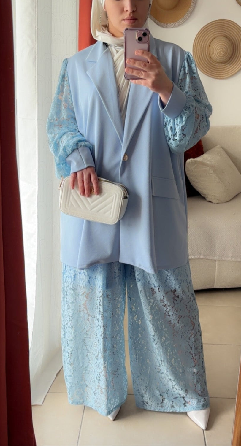 Pantalon Large en Dentelle Doublée - Bleu Ciel / PLD01