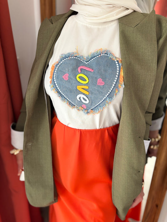 T-Shirt Blanc Motif Coeur en Jean Brodé / TSH01