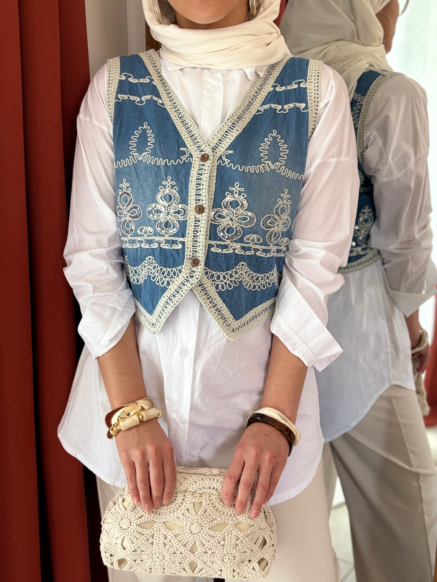 Gilet Sans Manches Brodé Style Vintage - Bleu / GSB01