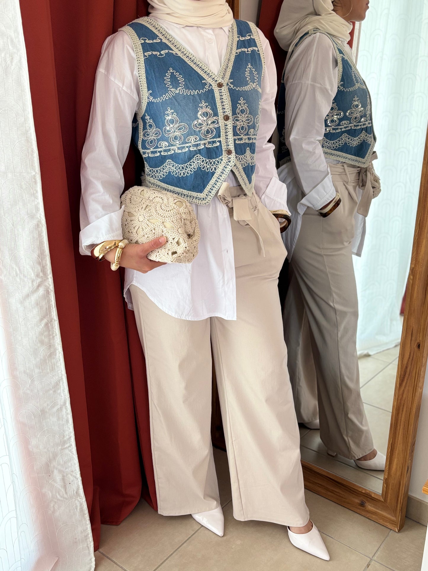 Pantalon Fluide Taille Haute à Ceinture - Beige / PFB01