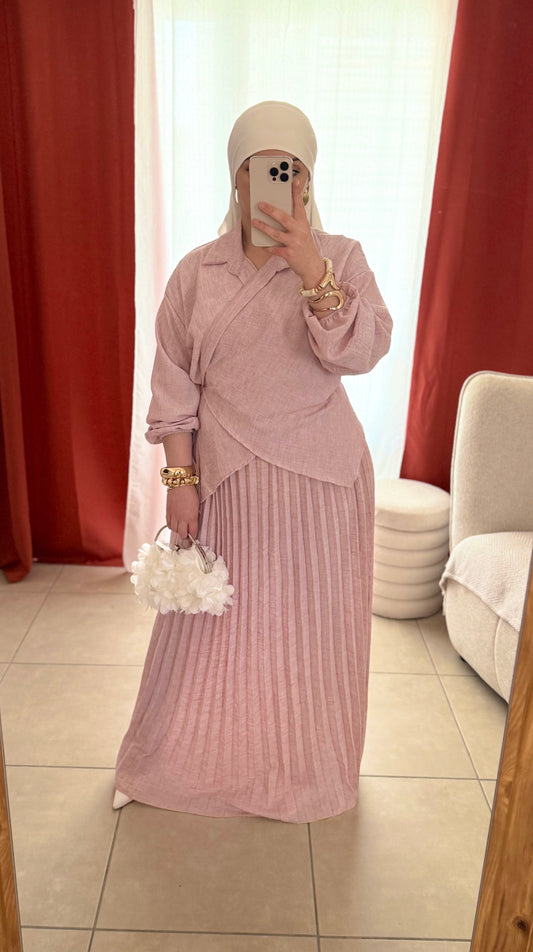 Ensemble 2 Pièces Haut croisé Jupe Plissée - Rose claire / HJ101