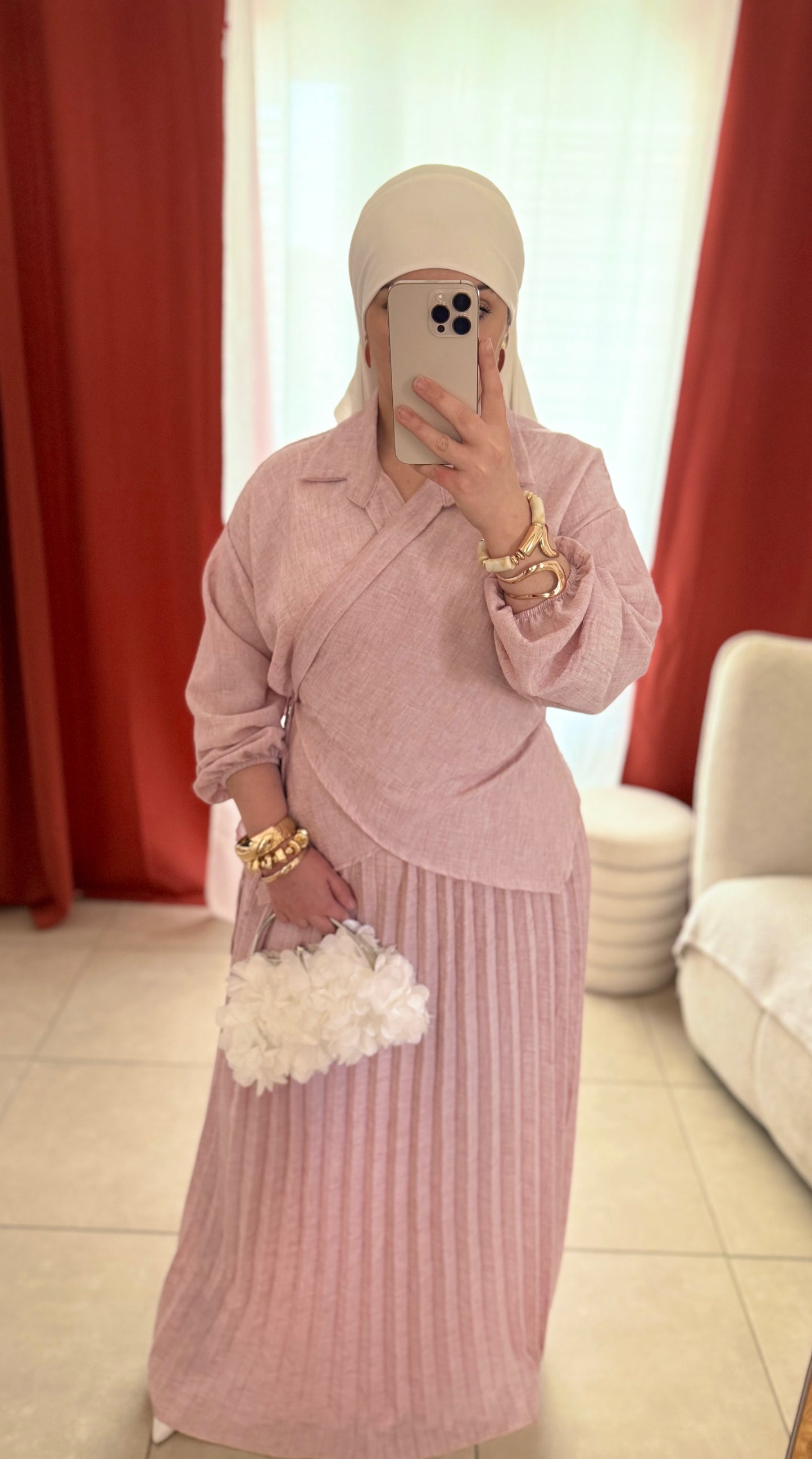 Ensemble 2 Pièces Haut croisé Jupe Plissée - Rose claire / HJ101