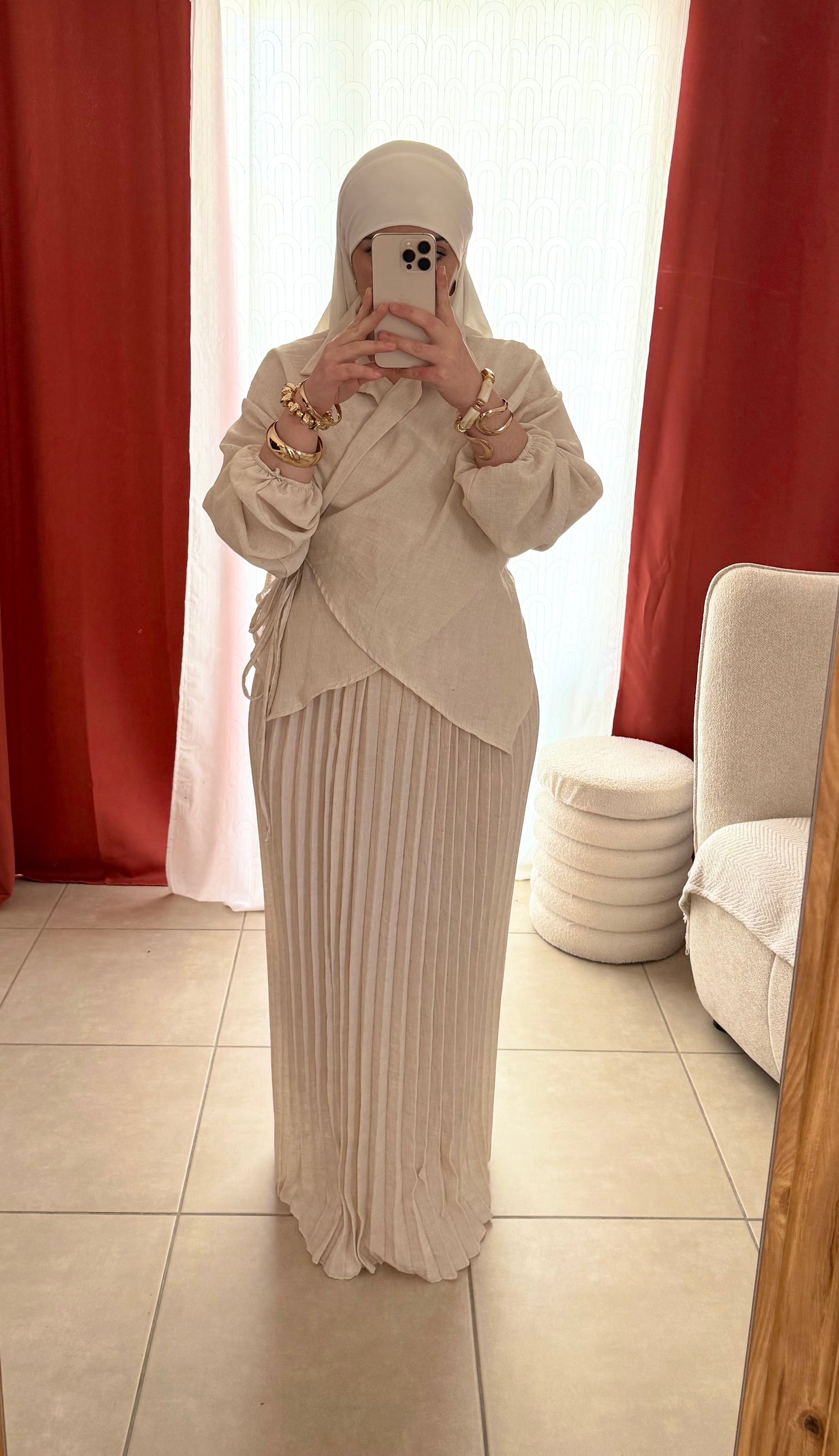 Ensemble 2 Pièces Haut Croisé Jupe Plissée - Beige / HJ102