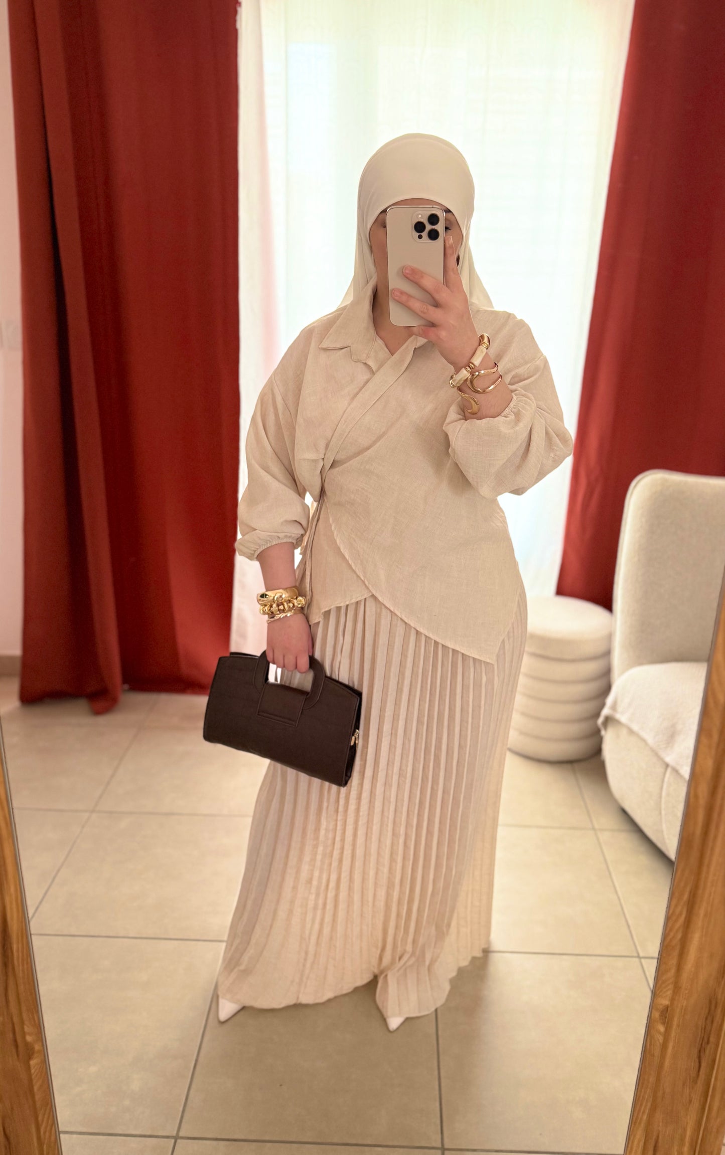 Ensemble 2 Pièces Haut Croisé Jupe Plissée - Beige / HJ102