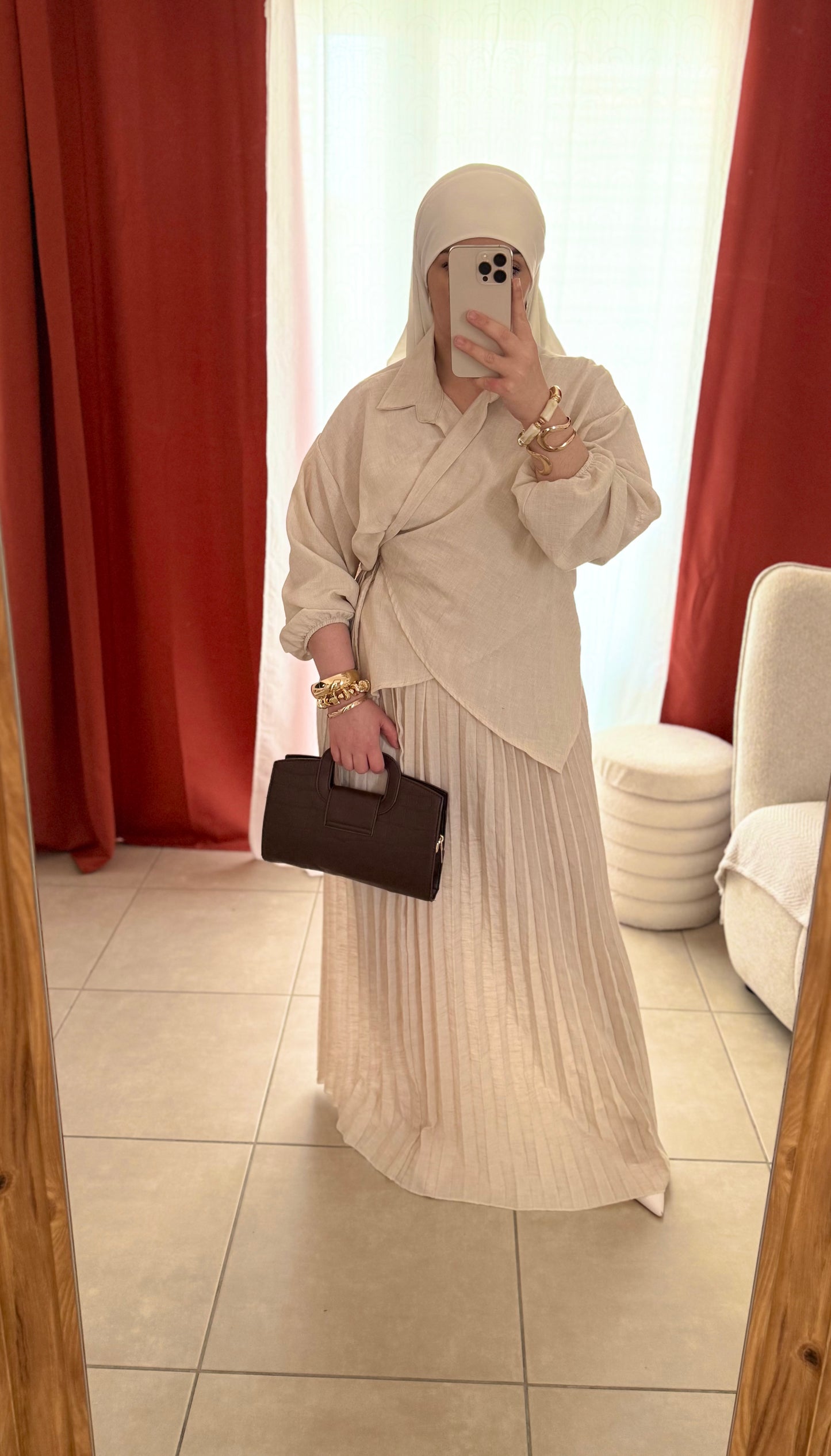Ensemble 2 Pièces Haut Croisé Jupe Plissée - Beige / HJ102