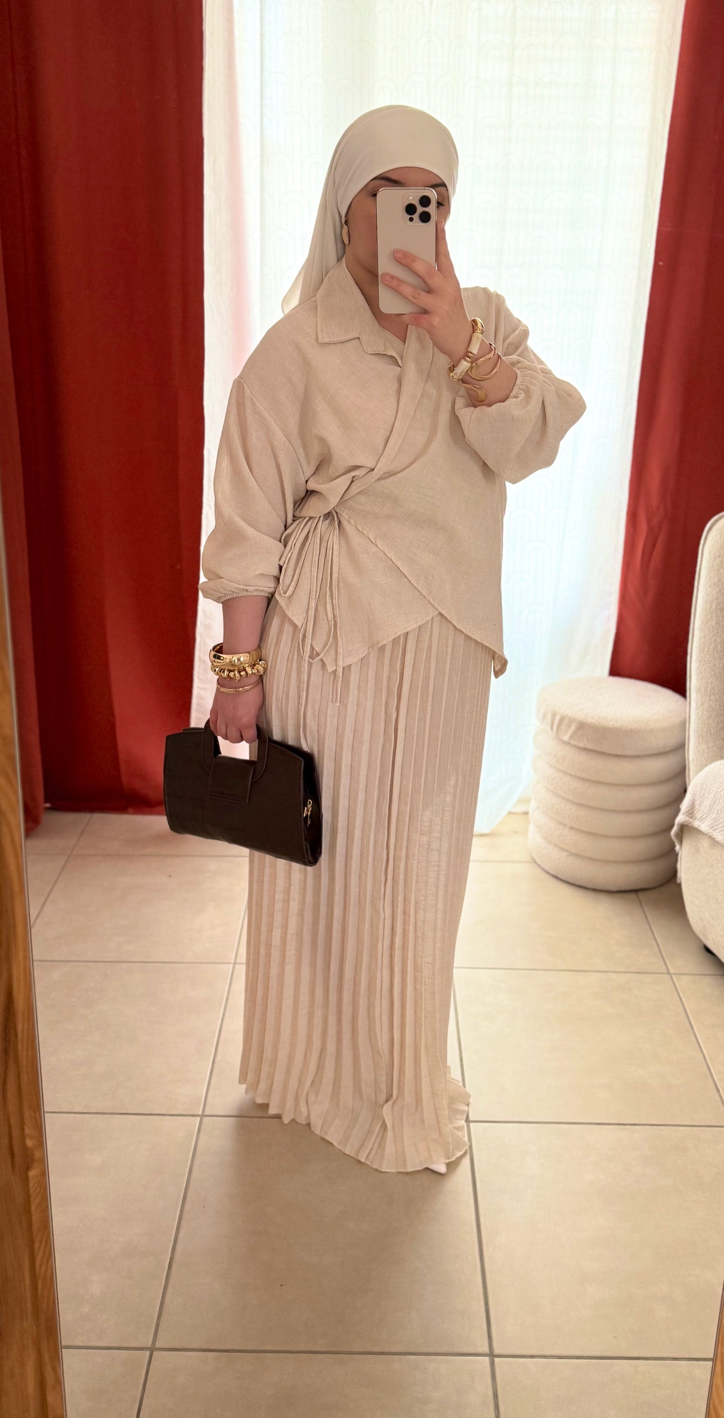 Ensemble 2 Pièces Haut Croisé Jupe Plissée - Beige / HJ102