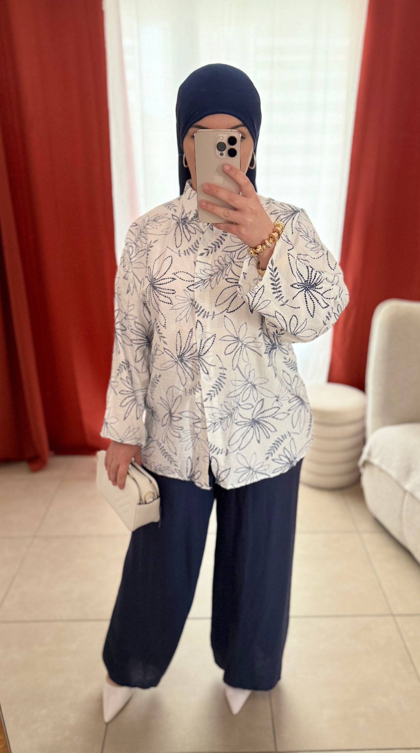 Ensemble Chemise Motifs Pantalon Large Fluide - Bleu / CFL01