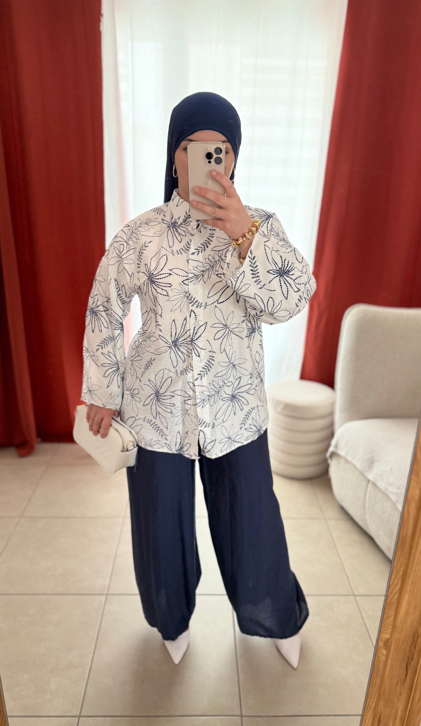 Ensemble Chemise Motifs Pantalon Large Fluide - Bleu / CFL01