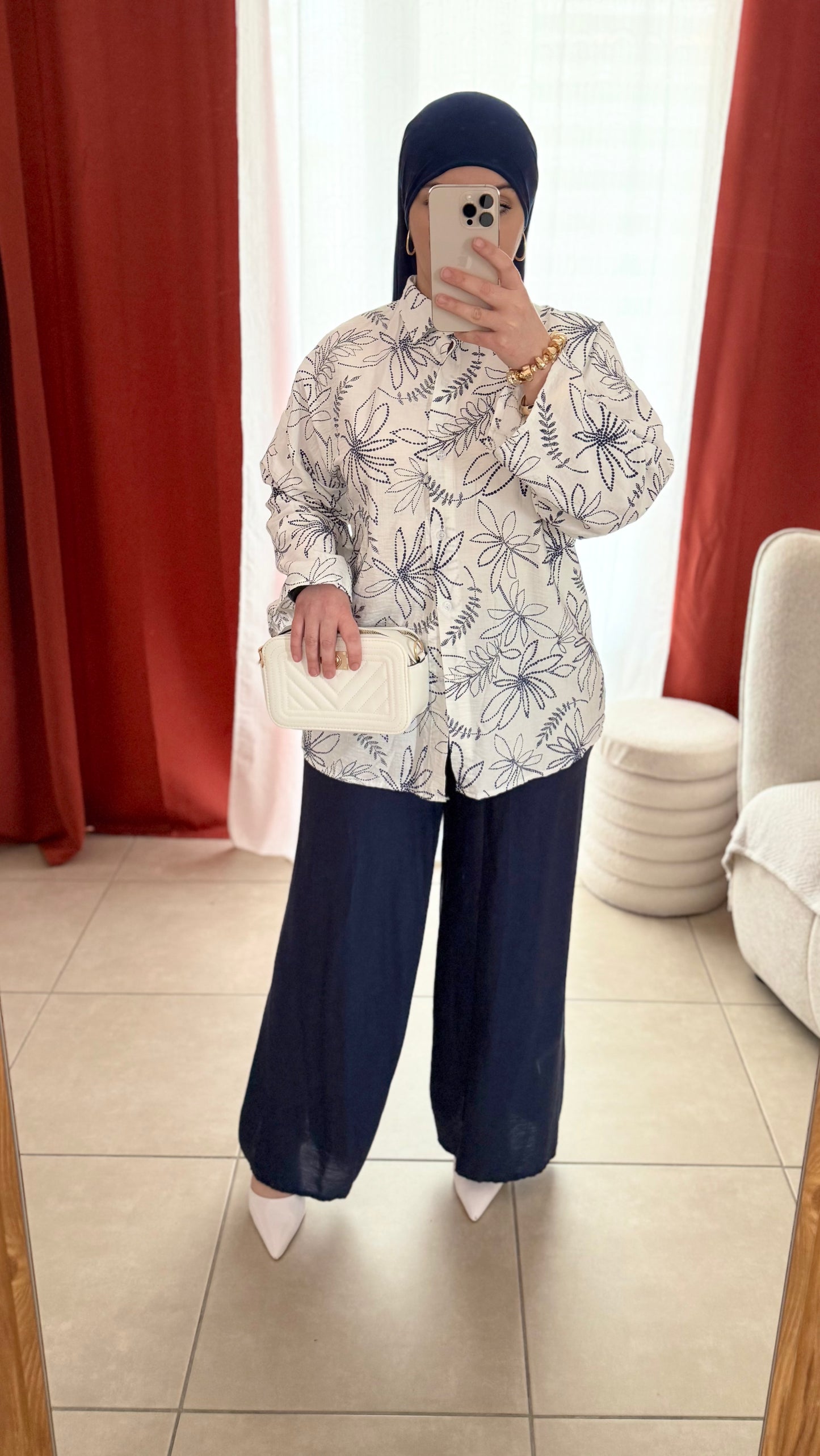 Ensemble Chemise Motifs Pantalon Large Fluide - Bleu / CFL01