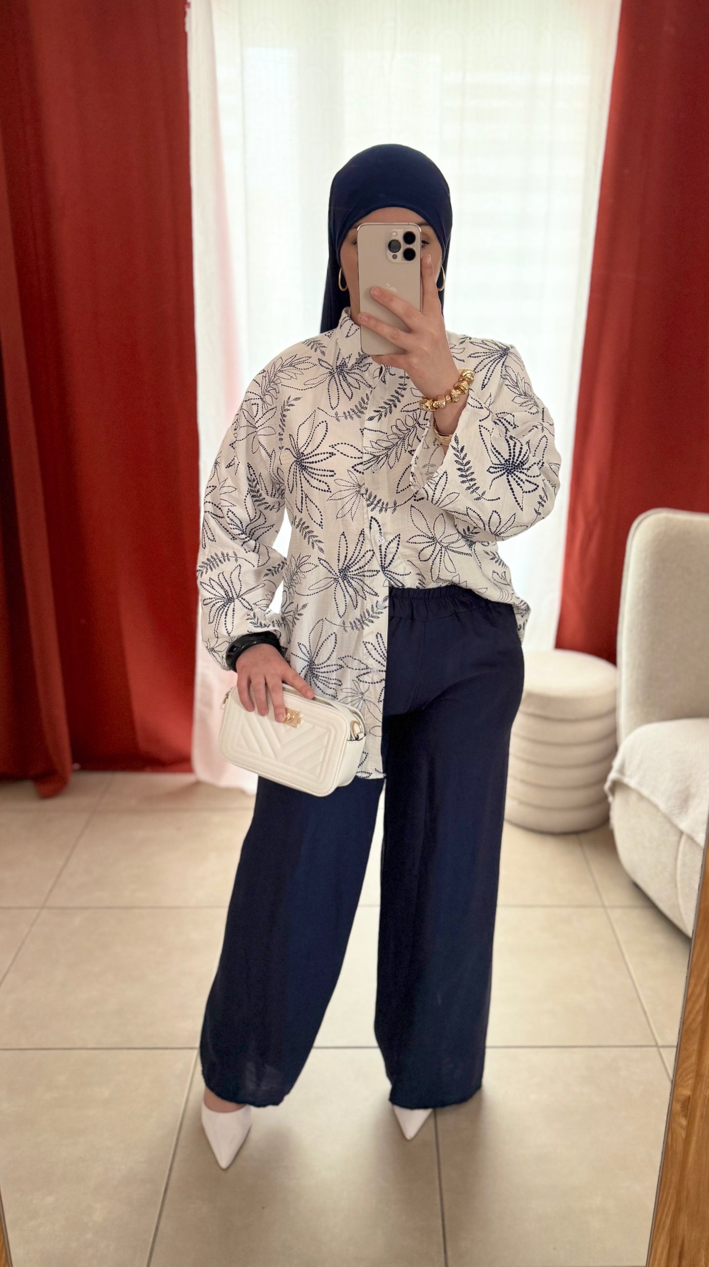 Ensemble Chemise Motifs Pantalon Large Fluide - Bleu / CFL01