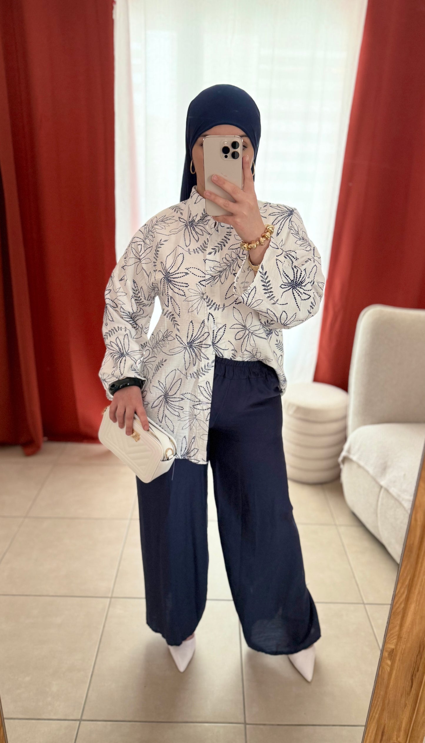Ensemble Chemise Motifs Pantalon Large Fluide - Bleu / CFL01