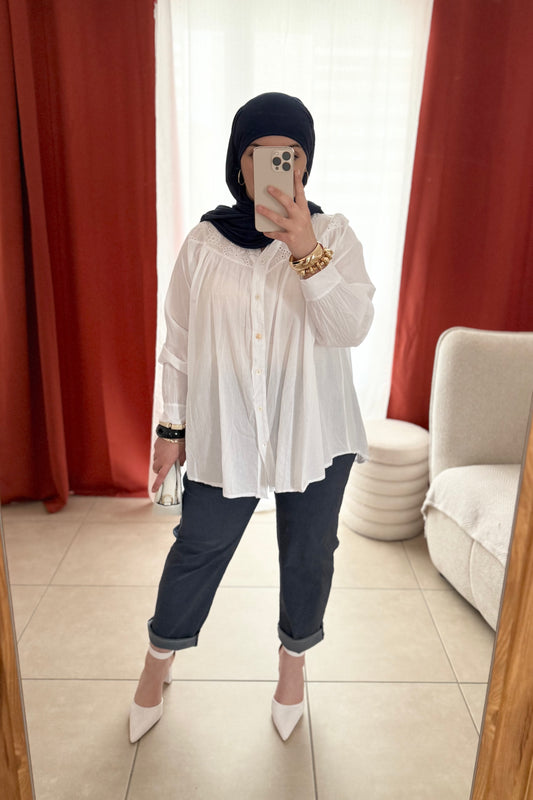 Blouse à Col Brodé - Blanc / BLB01