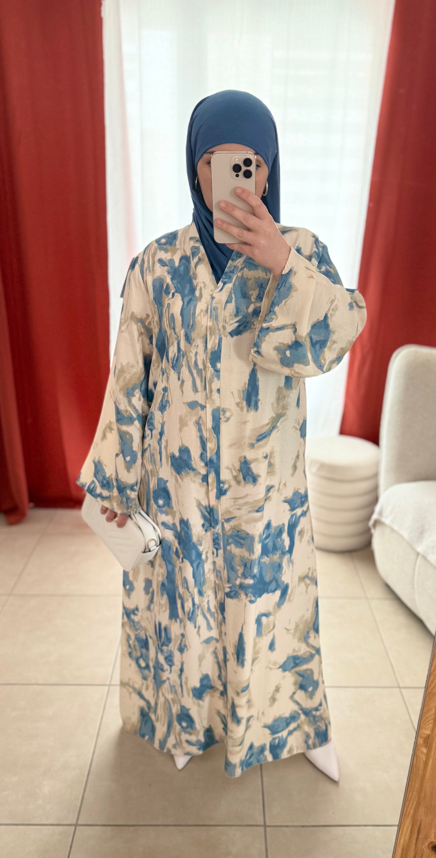 Robe Longue Beige Aquarelle Imprimée - Bleu et Vert / RLA01