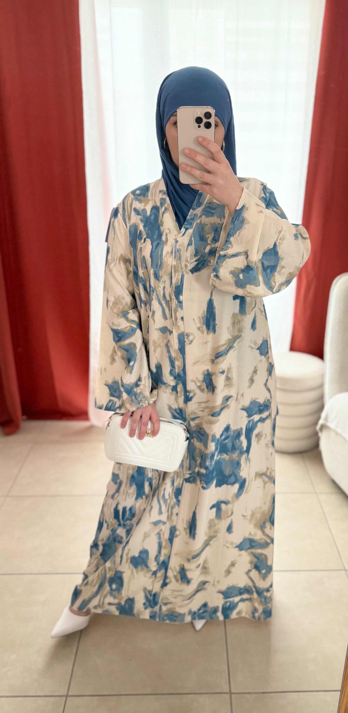 Robe Longue Beige Aquarelle Imprimée - Bleu et Vert / RLA01