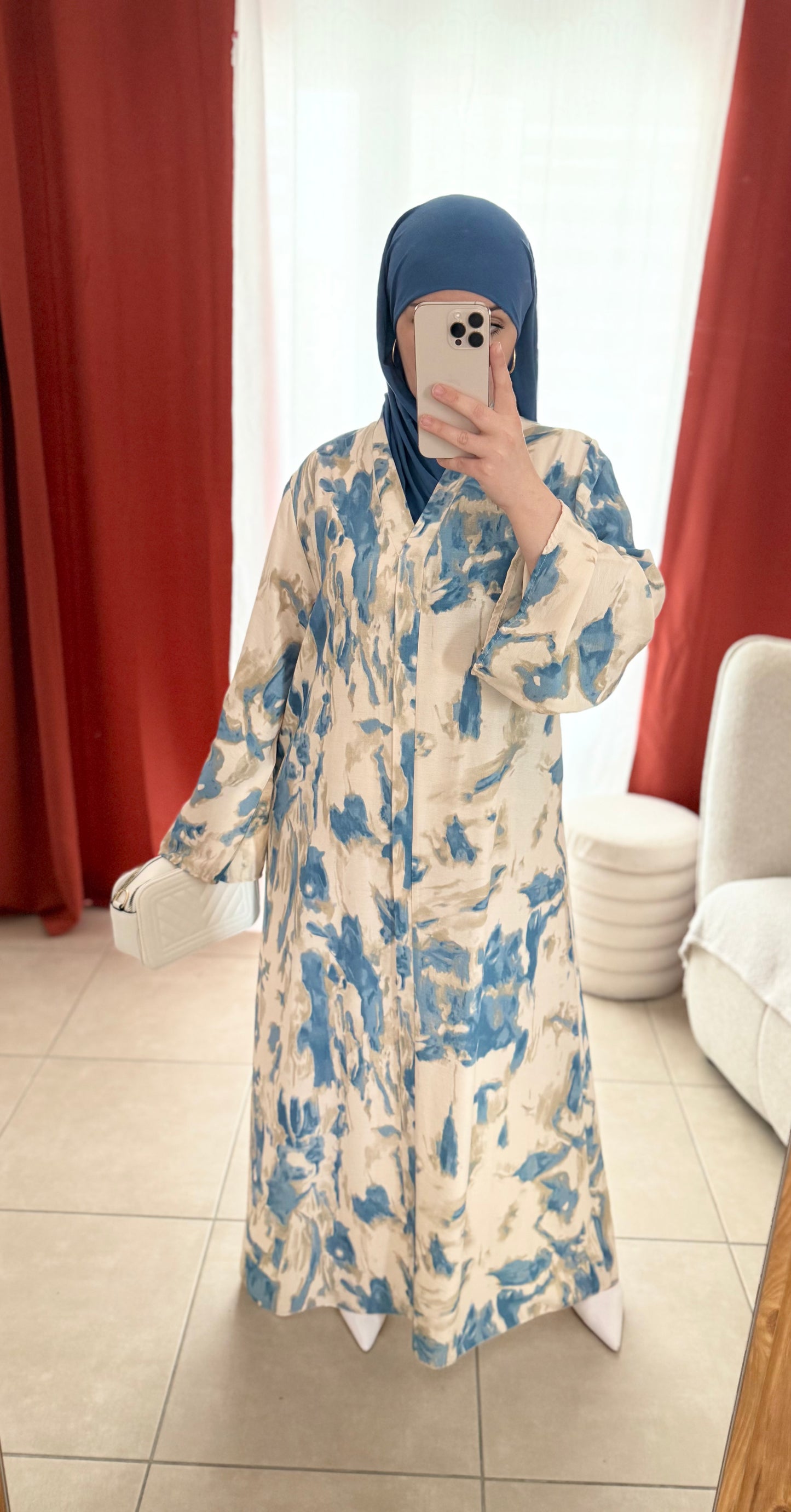 Robe Longue Beige Aquarelle Imprimée - Bleu et Vert / RLA01