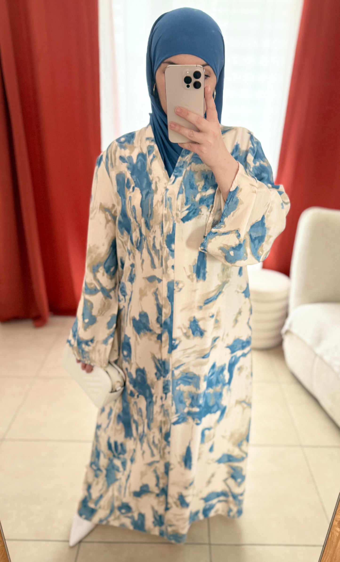 Robe Longue Beige Aquarelle Imprimée - Bleu et Vert / RLA01